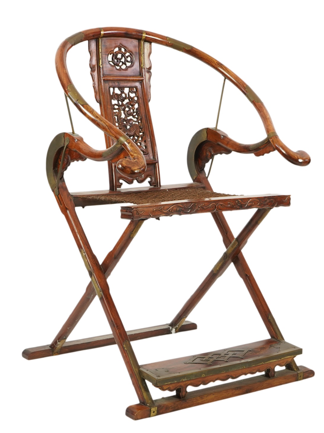 A Chinese huanghuali, hongmu and brass mounted folding hunting chair, jiaoyi, early 20th century